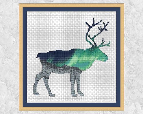 Climbing Goat Designs Northern Lights Reindeer printed cross stitch chart