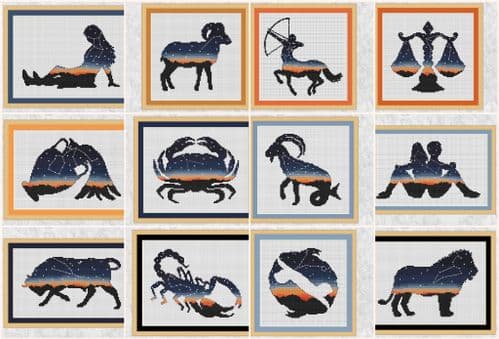 Climbing Goat Designs Set of 12 Signs of the Zodiac printed cross stitch charts