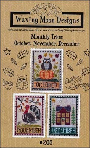 Monthly Trio: October, November, December by Waxing Moon Designs printed cross stitch chart