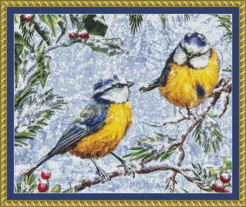 The Cross Stitch Studio Blue Tits in Holly printed cross stitch chart